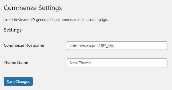 Commenze Wordpress settings page