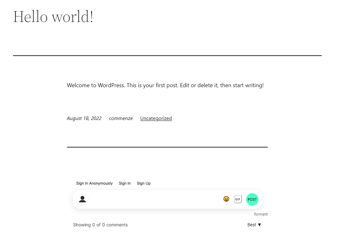 Commenze installed on Wordpress